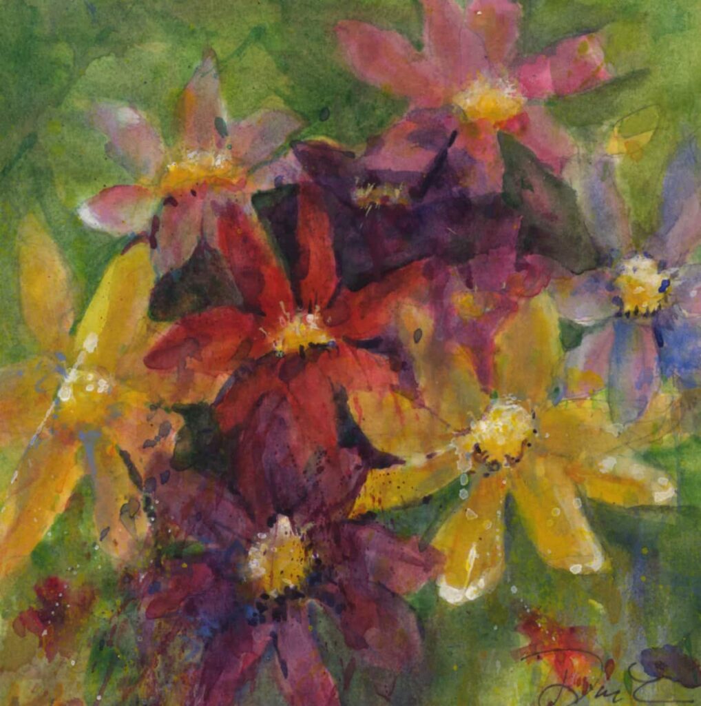 Dazzling Dahlias 6x6 watercolor on paper